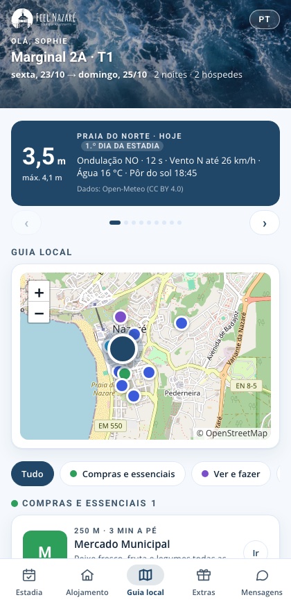 Guia local no portal: meteorologia, mapa da Nazaré e pontos de interesse com a distância a pé